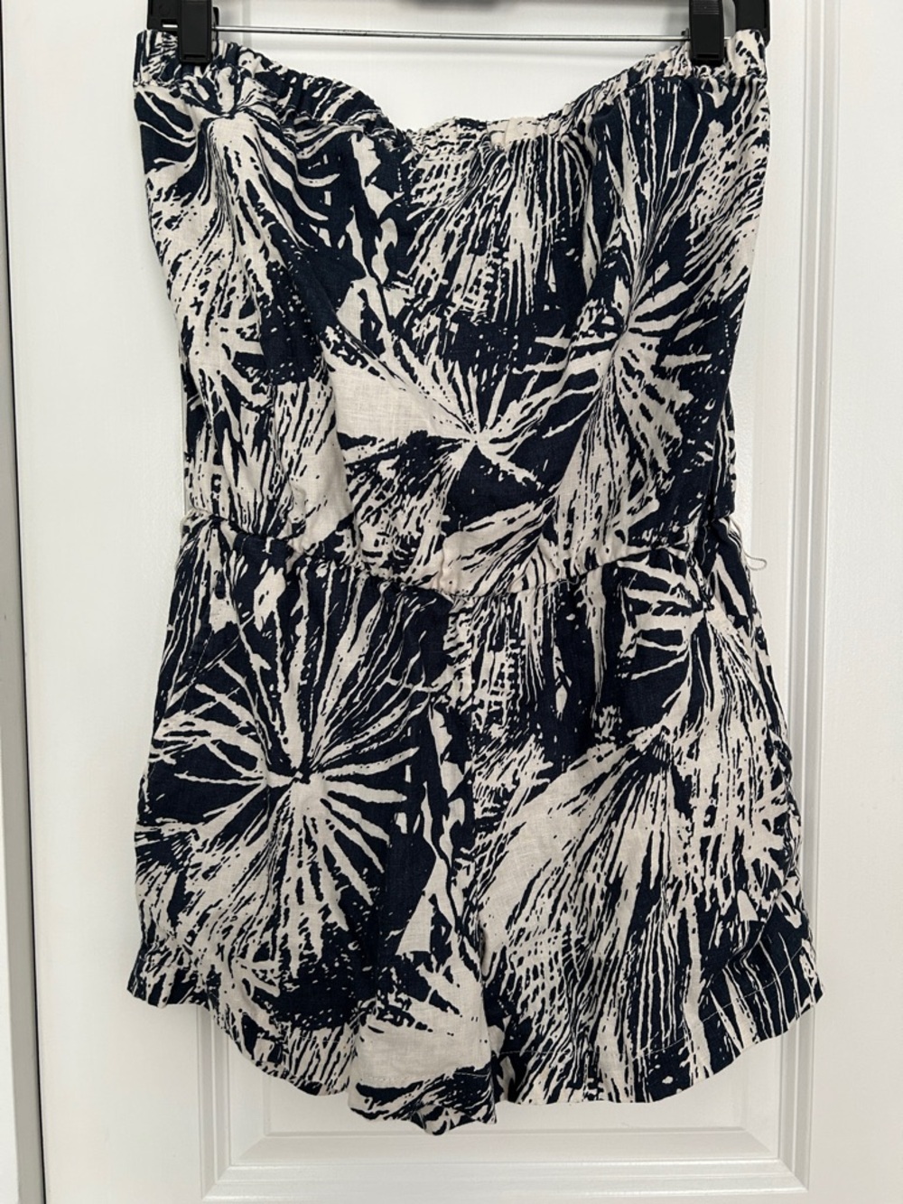 Banana Republic 100% Linen Navy and White Printed Strapless Shorts Romper